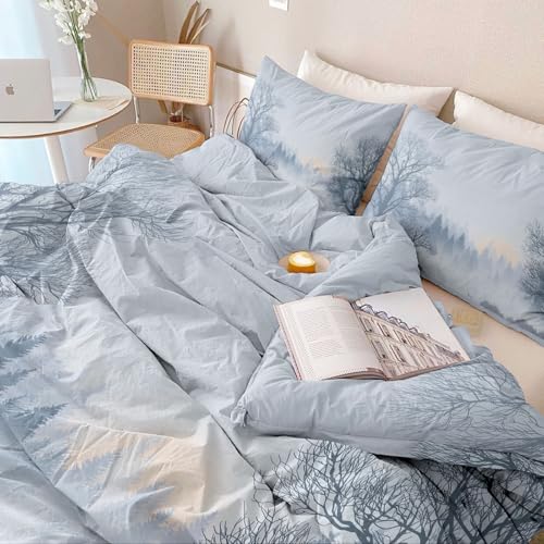 Duvet Cover Single 61" x 79" Size - Reversible Minimalist Winter Landscape Duvet Cover Set for Kids and Adults with Zipper Closure, 3 Pieces Grey Bedding Set with 2 Pillow Shams Generic
