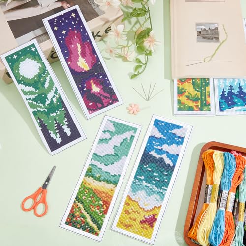 INFUNLY 6PCS Landscape Cross Stitch Bookmark Kit for Adults Mountain Cross Stitch Kits DIY Crossstitch Kits Natural Scenery Stamped Embroidery Bookmark Kit with Instructions for Book Lovers Readers