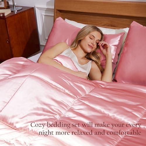 Whale Flotilla 3-Piece Reversible Silky Soft Queen Comforter Bedding Set, Luxurious Satin Comforters Full Size with 2 Satin Pillowcases, Lightweight Duvet for All Seasons, Pink Whale Flotilla