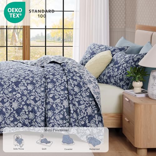 BLOOMHAVEN Quilt Set Queen Size, Oxford Blue Floral Quilt Sets, Reversible Bedspread Lightweight and Breathable for All Seasons, Soft Quilted Bedspread with 2 Pillow Shams BLOOMHAVEN