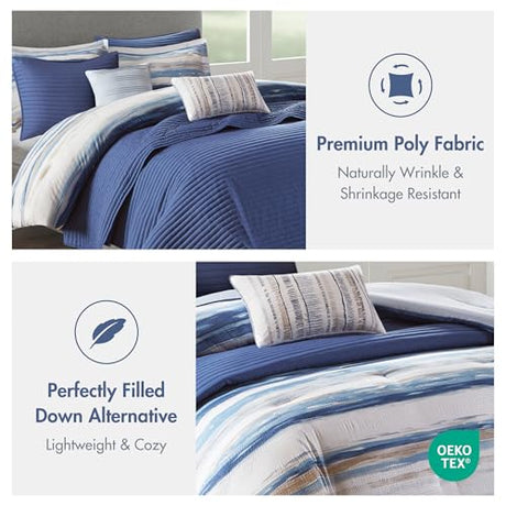 Madison Park Marina Comforter Quilt Combo Set - Modern Luxury Design, All Season Down Alternative Bedding, Matching Shams, Decorative Pillows, King/Cal King(104"x92") Seersucker Blue 8 Piece Madison Park