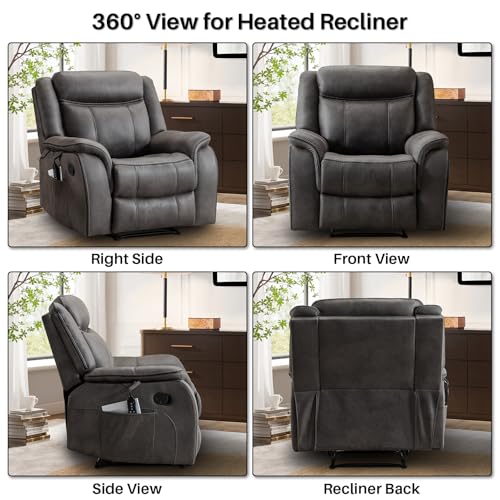BAMCANFUR Massage Recliner Chair with Heated, Faux Leather Recliner Chairs for Adults, 39" Wide Manual Reclining Ergonomic Lounge Chair for Living Room with Overstuffed Backrest, Side Pocket, Grey BAMCANFUR