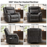BAMCANFUR Massage Recliner Chair with Heated, Faux Leather Recliner Chairs for Adults, 39" Wide Manual Reclining Ergonomic Lounge Chair for Living Room with Overstuffed Backrest, Side Pocket, Grey BAMCANFUR