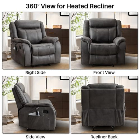 BAMCANFUR Massage Recliner Chair with Heated, Faux Leather Recliner Chairs for Adults, 39" Wide Manual Reclining Ergonomic Lounge Chair for Living Room with Overstuffed Backrest, Side Pocket, Grey BAMCANFUR
