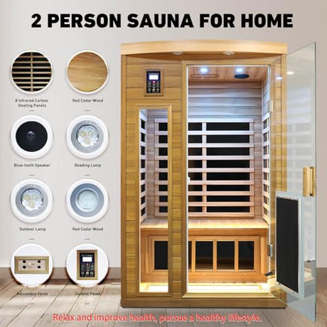 2 Person Low EMF Infrared Sauna for Home, Red Cedar Wood Far Infrared Saunas, 1750watt Indoor Personal Sauna Room with Door Heating Panels, Blue-tooth, 7-Color Chromotherapy Lights, 2 Outdoor Lamps Kanlanth