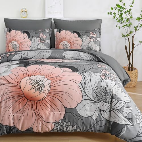 Xruibed King Comforter Set 7 Pieces Grey Floral Comforter Set King Size Bed in a Bag Flower Bedding Sets Lightweight Boho Bed Set with Sheet,Pillowcases&Shams for All Season Xruibed