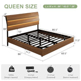 Feonase Floating Bed Frame Queen with Led Lights and Charging Station, Wood Full Size Bed Frame with Storage Headboard, Heavy Duty Metal Slats, No Box Spring Needed, Easy Assembly,Walnut Feonase