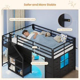 BTHFST Low Loft Bed Twin Size with Stairs & LED Lights, Kids Loft Bed with 7 Storage Drawers & 3 Open Cubbies & Handy Clothes Rail, Twin Loft Bed with Safety Guardrail, Under-Bed Play Area, Black BTHFST