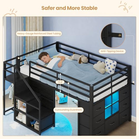 BTHFST Low Loft Bed Twin Size with Stairs & LED Lights, Kids Loft Bed with 7 Storage Drawers & 3 Open Cubbies & Handy Clothes Rail, Twin Loft Bed with Safety Guardrail, Under-Bed Play Area, Black BTHFST
