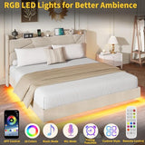GarveeHome King Floating Bed Frame with LED Lights & Charging Station, Upholstered Platform Beds with Storage Headboard & Folding Shelves Storage, Metal Slats Support, No Box Spring Needed, Beige GarveeHome