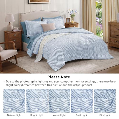 BLOOMHAVEN Queen Comforter Set - 7 Pieces Blue Gauze Muslin Bedding Sets for All Seasons, Lightweight Breathable Bed in a Bag Queen with Revesible Farmhouse Comforter, Sheets, Pillowcases & Shams BLOOMHAVEN