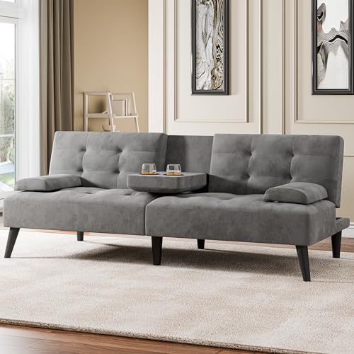 Meilocar 64" Futon Sofa Bed, Convertible Loveseat with 2 Cup Holders, Small Couch with 3 Adjustable Angles & Armrests, Sleeper Sofa for Apartment, Office, Dark Grey Meilocar