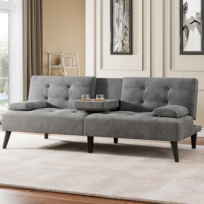 Meilocar 64" Futon Sofa Bed, Convertible Loveseat with 2 Cup Holders, Small Couch with 3 Adjustable Angles & Armrests, Sleeper Sofa for Apartment, Office, Dark Grey