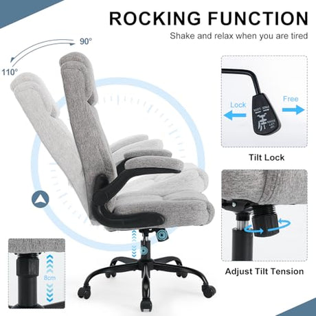 BRTHORY High Back Executive Office Chair with Adjustable Headrest,Fabric Desk Chairs with Flip-up Armrest,Big and Tall Office Chair,Ergonomic Computer Desk Chair with Rocking Function,110° Tilt Rock BRTHORY
