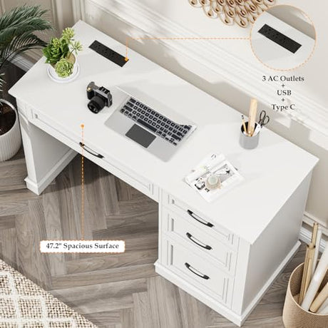 Emirde Farmhouse 47" Executive Desk, Computer Desk with Drawers and File Drawer, Workstation Computer Desk with Charging Station for Home Office,Study,（Cream White） Emirde