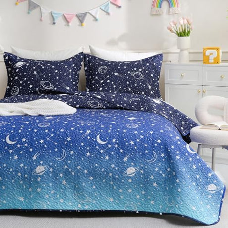JSD Blue Stars Kids Quilt Set Full/Queen, 3 Piece Space Theme Boys Printed Bedspread Coverlet with Pillow Sham Quilted Blanket JSD