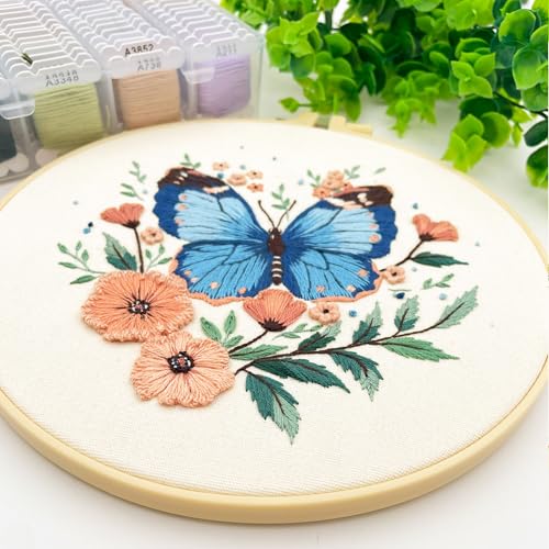 Silentsea Blue Butterfly Embroidery Kit for Adults - DIY Embroidery Set with Fabric, Threads and Needle for Craft Lovers