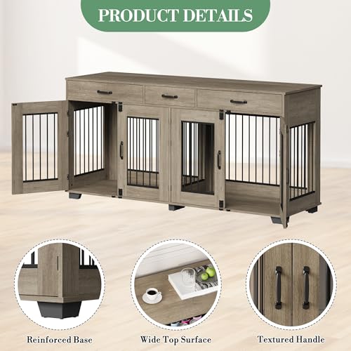 71''Wooden Dog Crate Furniture for 2 Dogs, XXL Indoor Double Dog Kennel with 3 Storage Drawers and Removable Divider, Wooden Double Doors, Large Dog Crate TV Stand End Table, Gray GarveeTech