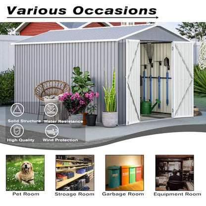 Ball & Cast 8x12 FT Storage Shed with 2 Lockable Doors,All Weather Outdoor Metal Tool House W/Floor Frame and 2 Vents,for Backyard,Patio,Lawn,Garden,Grey