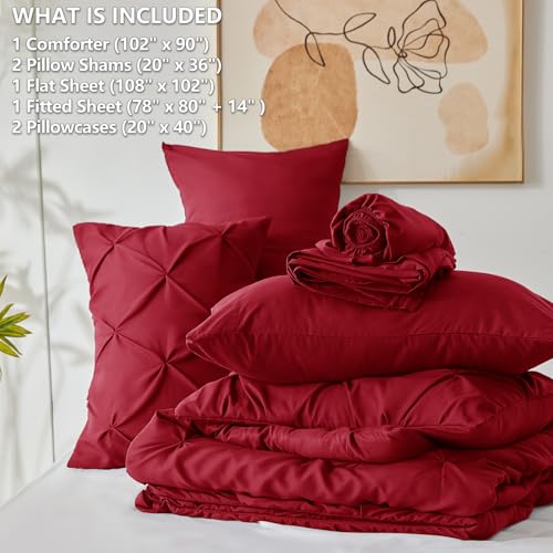 CozyLux King Size Comforter Set Dark Red, 7 Pieces Pintuck Bed in A Bag Red Comforter King Size, Pinch Pleat Bedding Set with All Season Comforter, Sheets, Pillowcases & Shams CozyLux