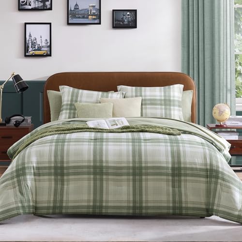 AMBERSPACE Twin XL Comforter Set, Green Plaid Bedding Set 5 Piece for Boys Girls Teen, Classic Homestead-Style Kids Comforter Set Bed in A Bag with Sheets, Pillowcase & Sham AMBERSPACE
