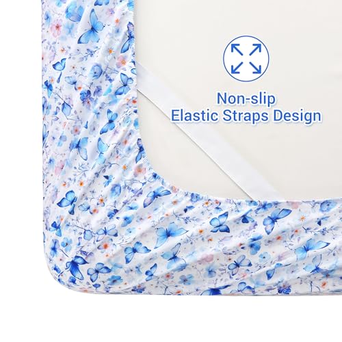 Softan Twin Floral Sheets, Microfiber Blue Flower Printed Fitted Sheets with Non-Slip Corner Straps and 15" Deep Pocket, Butterfly Patterned Cozy Bed Sheets, Single Sheets & Pillowcase Sets Softan