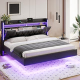 BYSAUD Floating Bed Frame with Hidden Storage in The Openable Marshmallow Headboard,King Size Bed Frame with Charging Station Including 2 Standard Sockets & Led Lights,PU Leather (King) BYSAUD