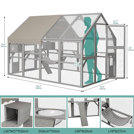 YITAHOME Extra Large Catio Outdoor Cat Enclosure, 110 Inch Outside Cattery with Weatherproof Roof, Scratcher Ramp, Cat Space Capsule Bed, 2 Bridges, 2 Resting Houses, 7 Solutions YITAHOME