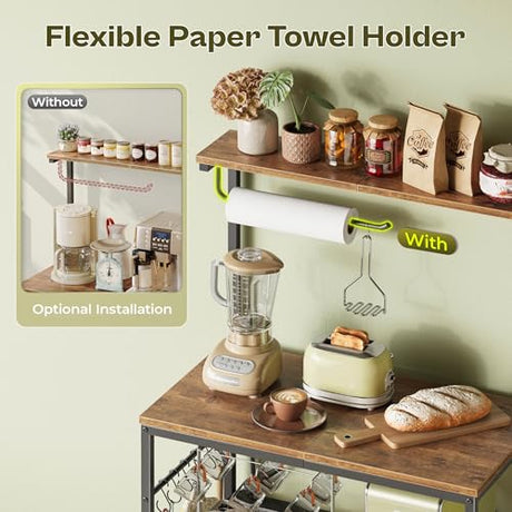 Huuger 4-Tier Bakers Rack with Reversible Power Outlet, 23.6 Inch Microwave Stand, Kitchen Coffee Bar, with Top Shelf, 6 S Hooks, Rustic Brown Huuger