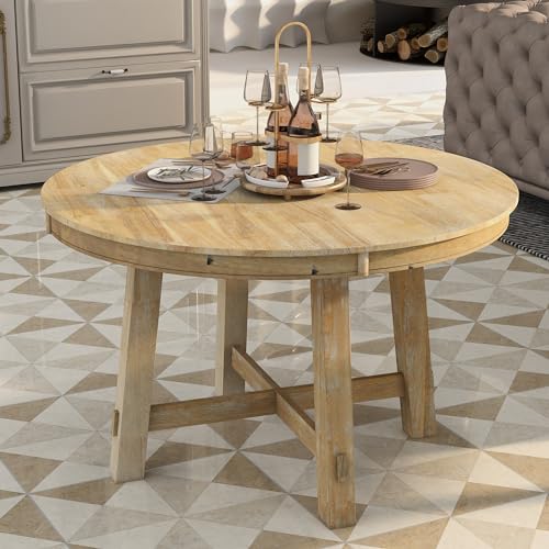 P PURLOVE Round Kitchen Table, Round Extendable Dining Table with 16" Leaf,Wood Dining Table Round,Natural Wood Wash Dinner Table - WoodArtSupply