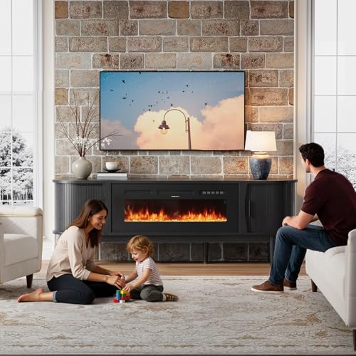 Decofy 70″ Fluted Fireplace TV Stand for 80″ TVs, Remote & Touch Control, Adjustable Flame Colors & Temperature Entertainment Center with Storage, Modern Media TV Console Table for Living Room (Black) Decofy