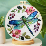 Dragonfly Floral Embroidery Kit for Adults - 11.81x11.81in Pre-Stamped Pattern Cross Stitch Kit with 7.87 Inch Bamboo Hoop, Floss, Needles - DIY Craft Kit for Home Decoration & Gift Giving