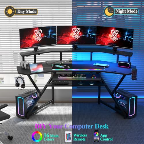 Auromie 72" Gaming Desk with Power Outlet & Led Strip, Large Wing-Shaped Computer Desk w Monitor Stand & Keyboard Tray & RGB Mouse Pad, Studio Desk w Storage Shelf Headphone Hook Cup Holder - WoodArtSupply