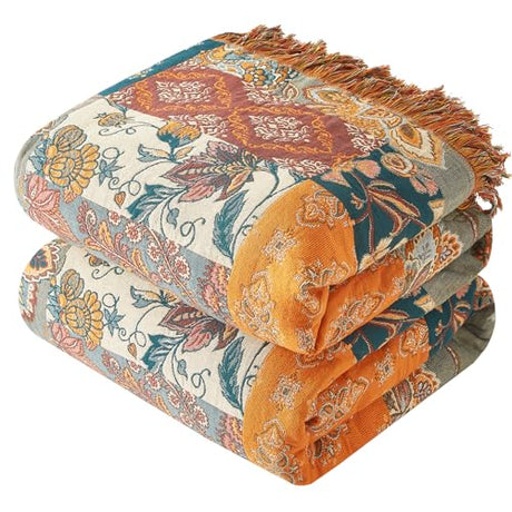 Bailix Boho Throw Blanket for Couch Sofa Bed, 100% Cotton Woven Quilt with Tassel 60”x80”, Super Soft Muslin Blanket with Floral Printed, Decorative Reversible Bed Blanket/Cover for All Seasons Bailix