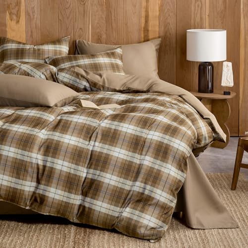 Wake In Cloud - Plaid Comforter Set, Scottish Tartan Check Geometric Modern Pattern Printed, Soft Lightweight Bedding, 3 Pieces, Brown, Full Size Wake In Cloud