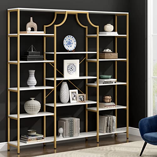 Loomie Gold & White Triple Wide Bookshelf with 13 Open Shelves - Modern Etagere Bookcase for Any Room - WoodArtSupply