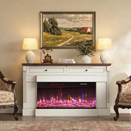 BREEZEHEAT 61" Electric Fireplace with Mantel, Freestanding Fireplace Heater TV Stand with 40" 3-Side Glass Insert for TVs Up to 70" with 2 Drawers for Living Room, Antique White BREEZEHEAT