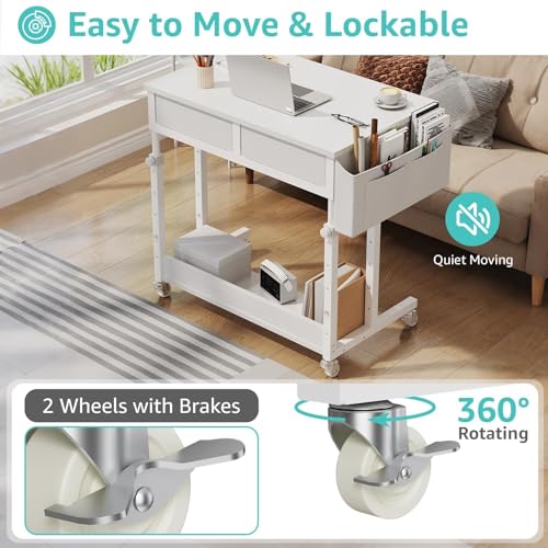 WINAZ Small White Portable Adjustable Rolling Kids Desk with Drawers & Storage Shelf, 32 Inch Mobile Standing Vanity Desks with Wheels, Couch Sofa Side Laptop Craft Table for Bedroom Home Office WINAZ