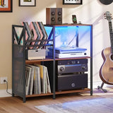 DWVO 3-Tier Vinyl Record Stand with Power Outlets & RGB LED Lights – Holds 300+ Albums, Sturdy Metal Frame Turntable Table for Living Room, Walnut Finish Media Storage Cabinet DWVO