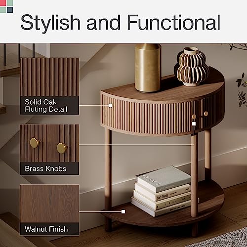 Stead Fluted Half Moon Shaped Console Table - Small Entry Desk - Living Room Furniture - Modern Home Decor - Solid Wood Entryway Table with Two Doors and Brass Knobs (Walnut) Stead
