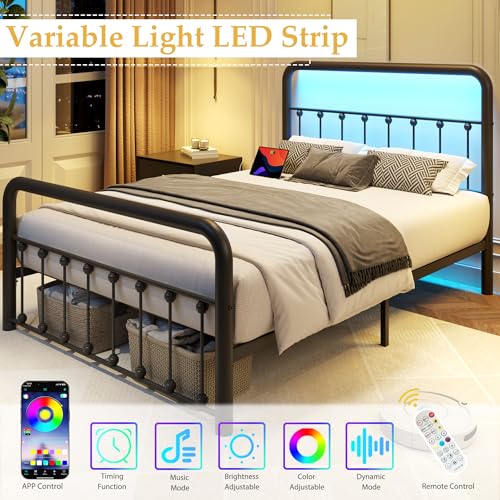 Fluest 14 Inch Full Bed Frame Classic Metal Platform Bed Frame with Charging Station & LED, Victorian Style Iron-Art Headboard/Footboard, Under Bed Storage, No Box Spring Needed, Noise Free Fluest