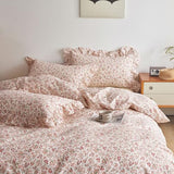 VM VOUGEMARKET Cotton Duvet Cover Twin Pink Flower Duvet Cover with Ruffle Pillowcases Teen Girls Aesthetic Bedding Set Garden Style Blooming Comforter Cover with Zipper Ties (3 pcs,68x86 Inch) VM VOUGEMARKET
