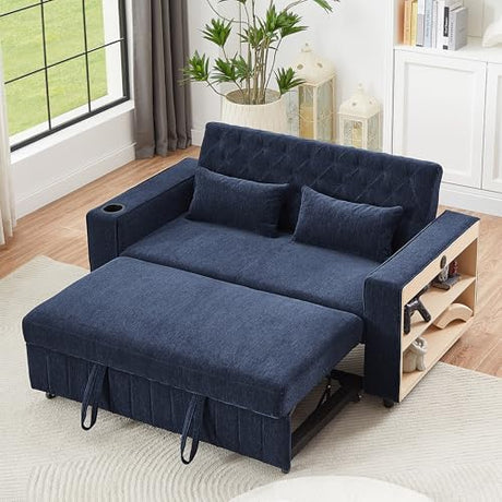 Merax 3 in 1 Convertible Sleeper Sofa Bed with Storage, Futon Couches for Living Room with USB Ports | CupHolder| Reversible Backrest | Pull Out Couch |Small Loveseat,Blue Merax