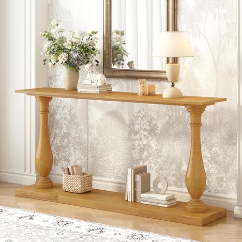 Merax Vintage Console Table with Pine Veneer and Elegance Vase-Leg Design, Sofa Table with Double-Layer Storage for Living Room, Study Room, Entryway Bedroom, Natural Merax