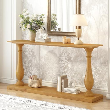Merax Vintage Console Table with Pine Veneer and Elegance Vase-Leg Design, Sofa Table with Double-Layer Storage for Living Room, Study Room, Entryway Bedroom, Natural Merax