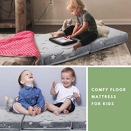 MeMoreCool Glow Star Kids Foldable Floor Mattress Mat with Carry Bag, 3-in-1 Tri-Fold Futon, Soft Plush Glow Cover, Portable for Travel, Grey 63x26 Inch MeMoreCool