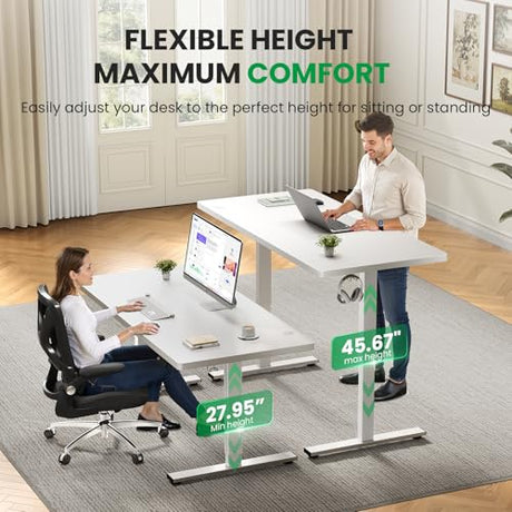 DeskShow Electric Standing Desk Adjustable - 60x28 Inch Sit Stand Desk with 1 Inch Thick Tabletop, Double Beam Frame, 3 Memory Height Adjustment, Cable Management for Home Office DeskShow