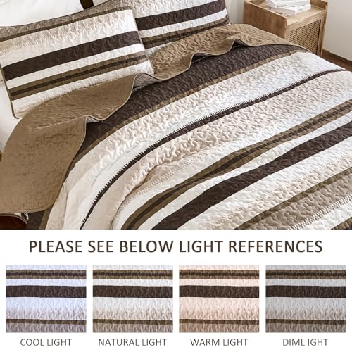 WONGS BEDDING Quilt Set Queen Size, Brown Striped Pattern Bedspread,Lightweight Summer Coverlet Bedding Set for Bed 96"x90" WONGS BEDDING