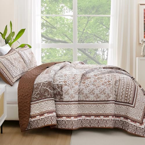 WONGS BEDDING Brown Quilt Set Queen Size,Bobo Floral Bedspread Coverlet Set, 3 Pieces Bohemian Patchwork Floral Pattern Bedspreads Bedding Quilt Set for All Seasons (96"x90") WONGS BEDDING