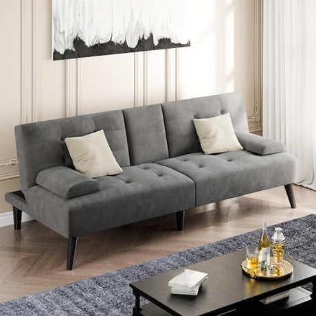 Shintenchi Futon Sofa Bed, Velvet Foldable Couch, Reclining Sleeper with Removable Armrests, Upholstered Loveseat Sofa Couch with Folding Cup Holders for Home, Office, Dark Gray Shintenchi